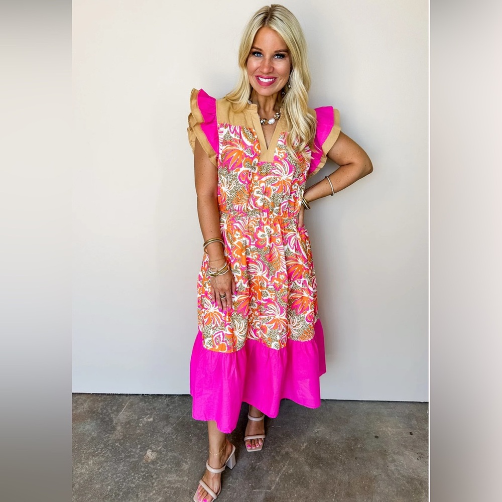 Floral Pink and Orange Midi Dress